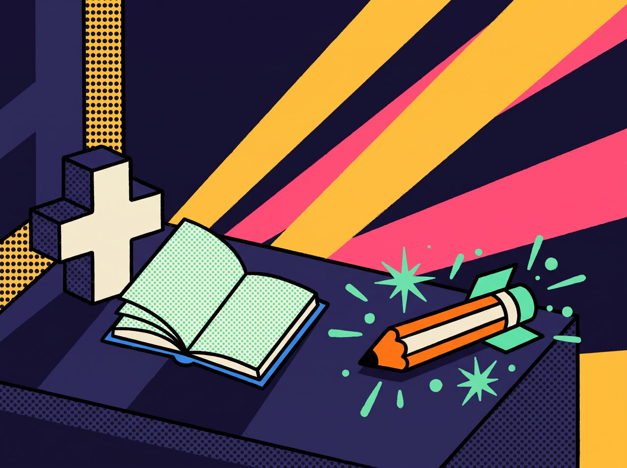A cream stone cross beside a notebook on a dark desk at dawn