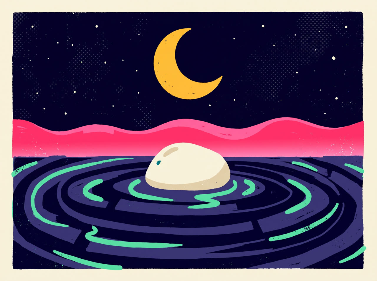 A cream stone resting on dark still water