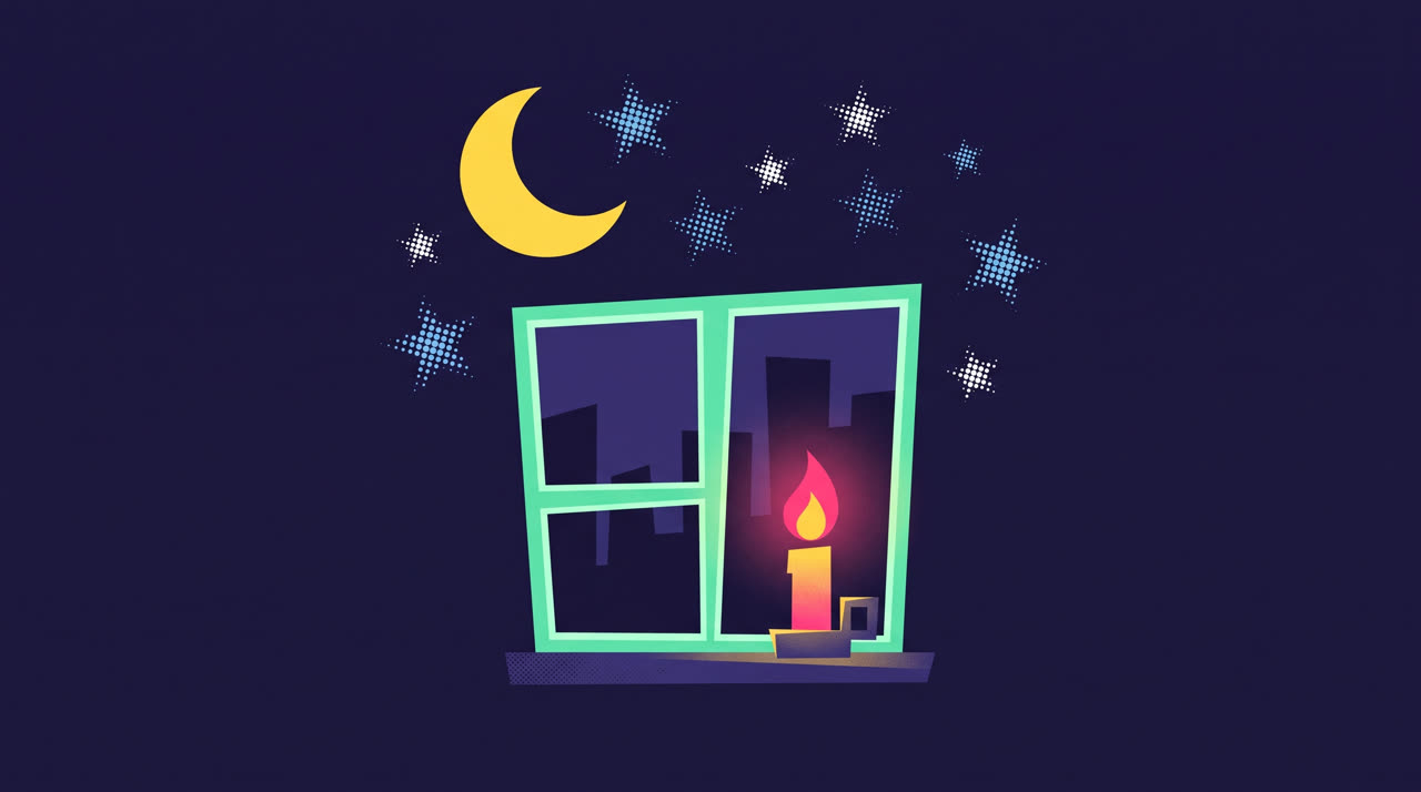 A single candle burning beside a dark window at night